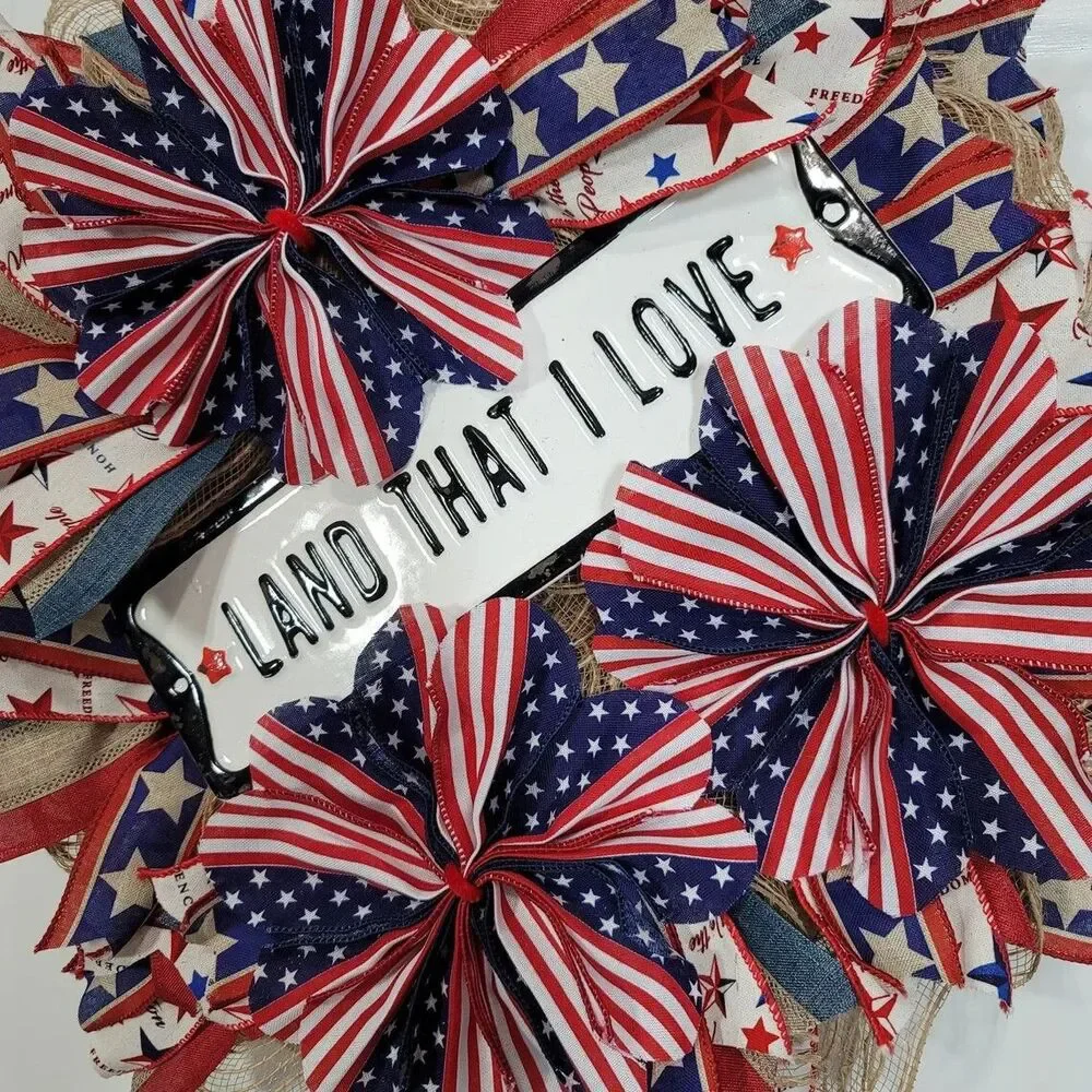 Patriotic Land That I Love Wreath, Pancake Wreath, 4th of July Front Door Wreath
